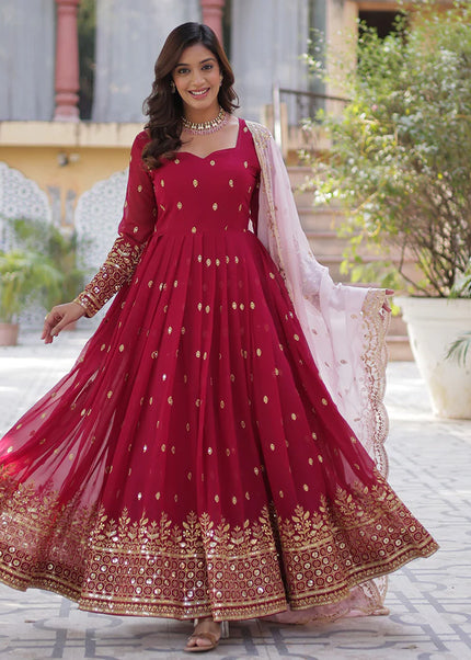 Red and Gold Embroidered Anarkali Gown