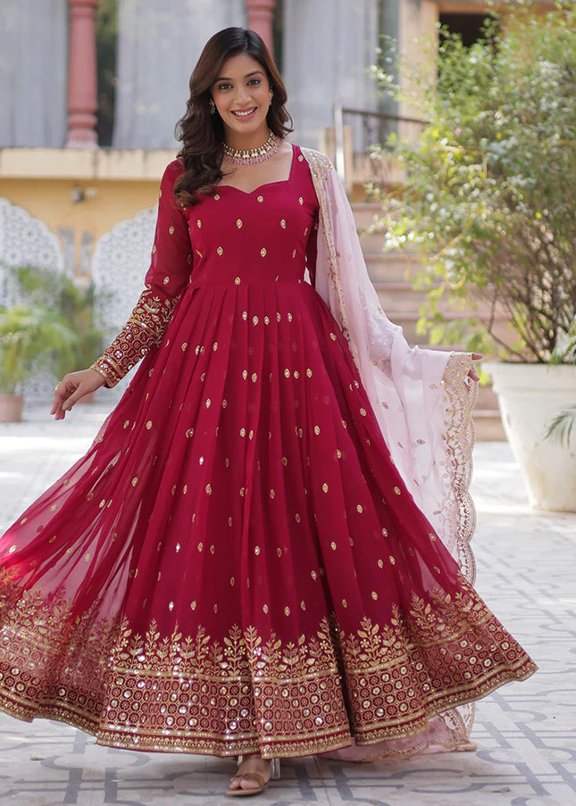 Red and Gold Embroidered Anarkali Gown