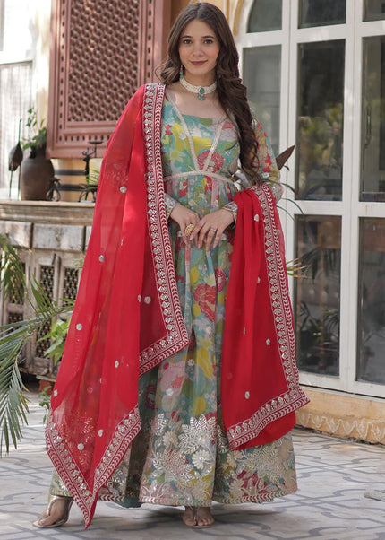 Green Multicolor Printed and Embroidered Anarkali Gown