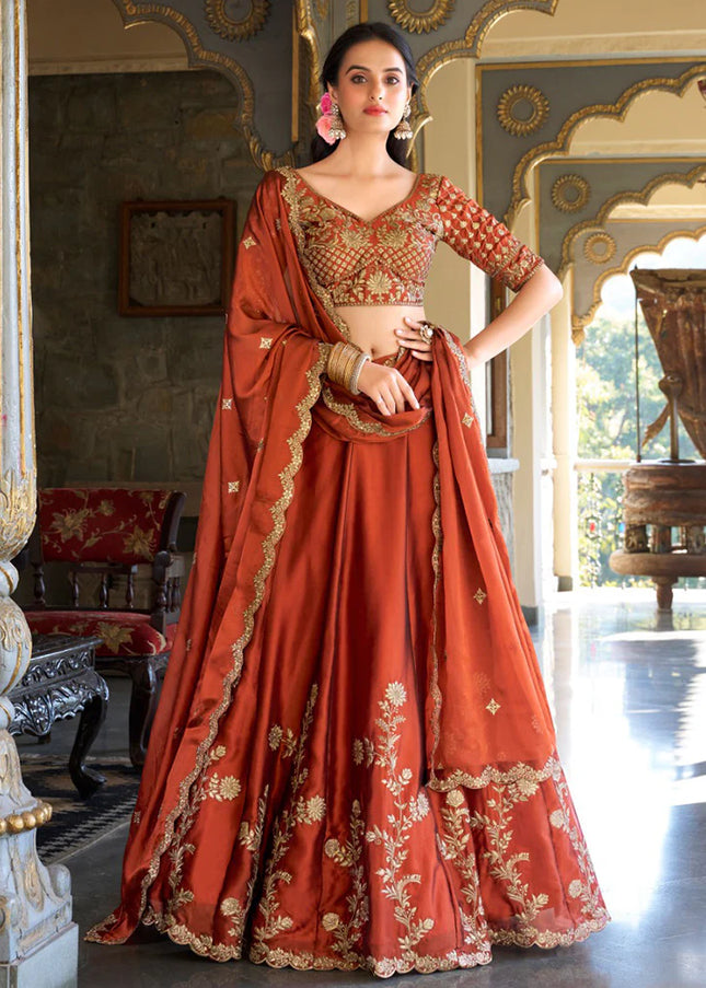 Rust Embroidered Lehenga Choli