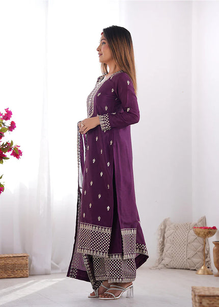 Purple Embroidered Pant Style Suit