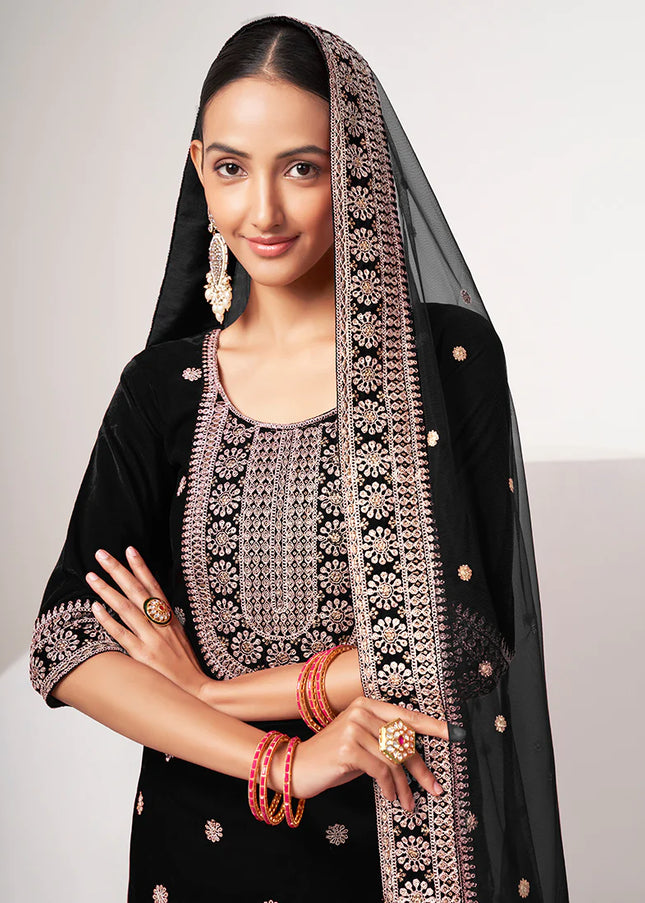 Black Velvet Embroidered Straight Cut Suit