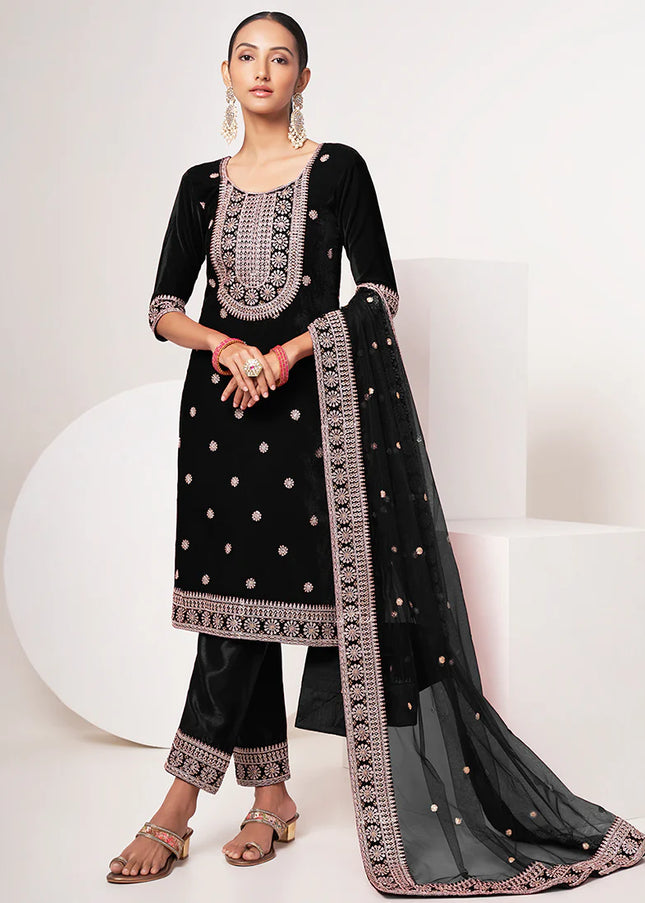 Black Velvet Embroidered Straight Cut Suit