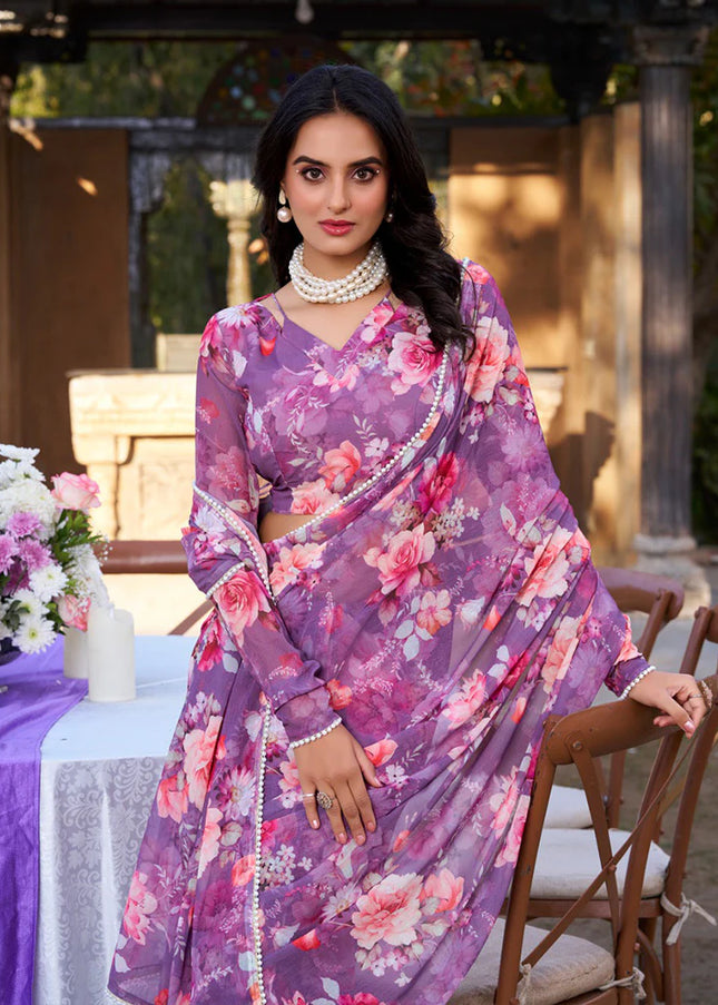 Lavender Floral Printed and Embroidered Saree