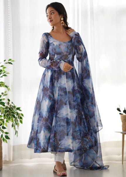 Navy Blue Floral Printed Anarkali Suit