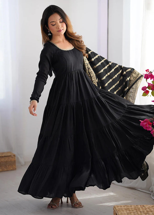 Black Embroidered Flared Anarkali Suit