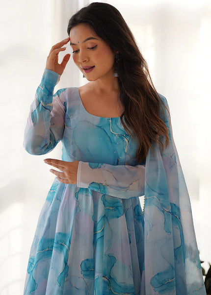Sky Blue Floral Printed Anarkali Suit