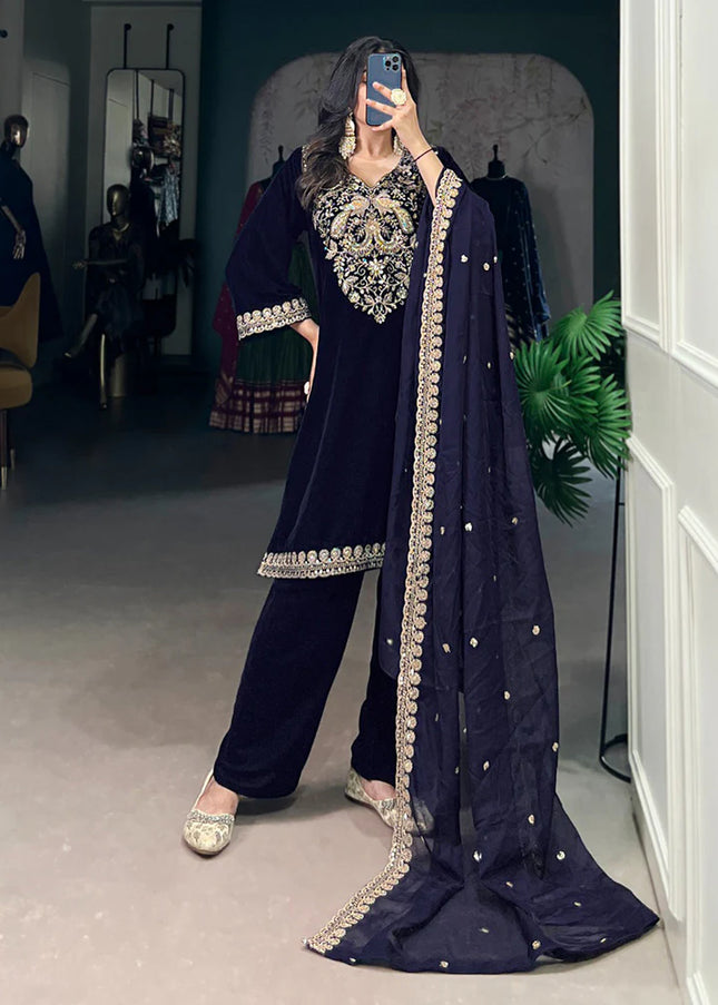 Navy Blue Embroidered Pant Style Suit