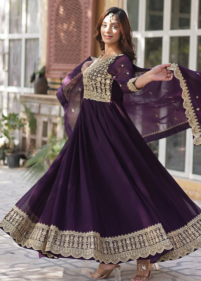 Purple Embroidered Anarkali Gown