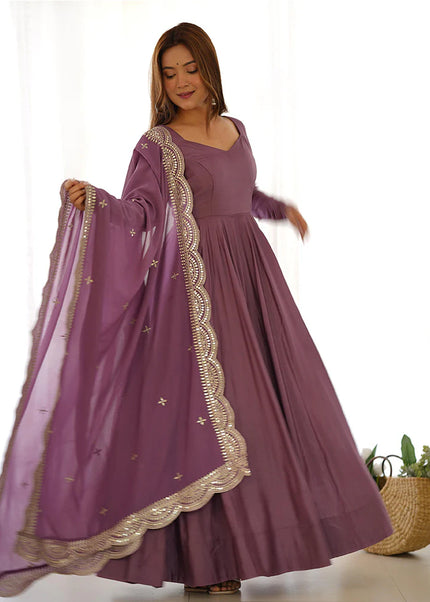 Mauve Pink Embroidered Flared Anarkali