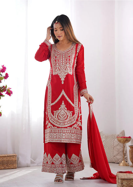 Red Embroidered Pant Style Suit