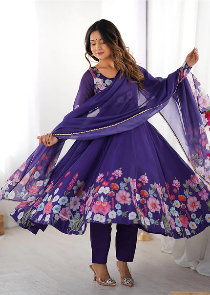 Purple Floral Printed Anarkali Suit