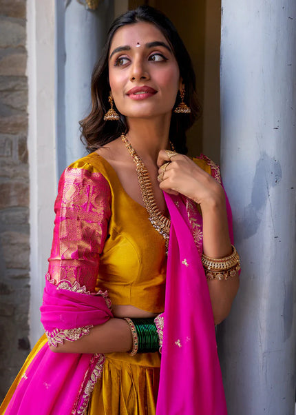 Yellow and Pink Embroidered Lehenga Choli