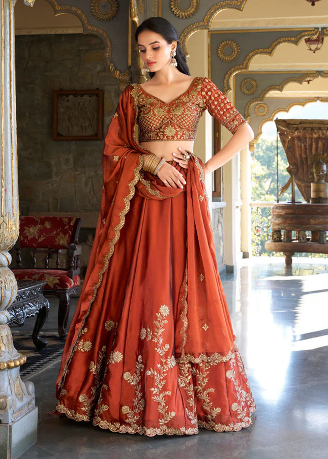 Rust Embroidered Lehenga Choli