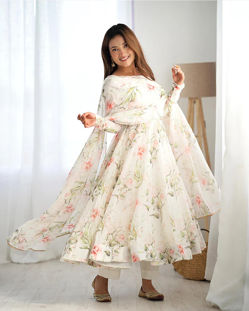 flowy anarkali dress Black Printed Border Anarkali Set With Palazzo And Dupatta