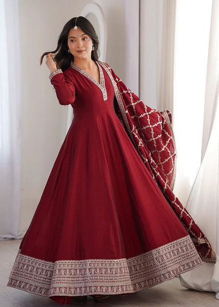 Maroon Embroidered Anarkali Gown