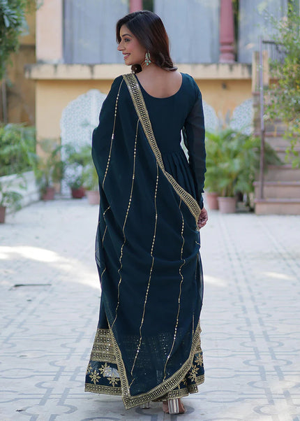 Blue and Gold Embroidered Anarkali Gown