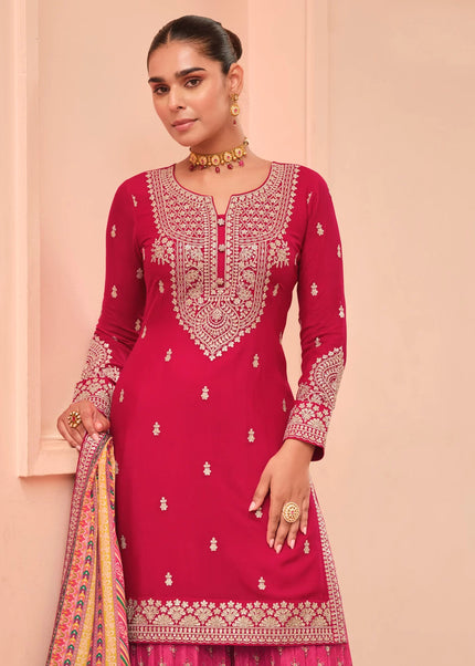 Red and Pink Embroidered Sharara Suit