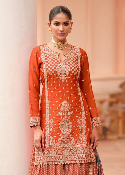 Orange Embroidered Sharara Suit