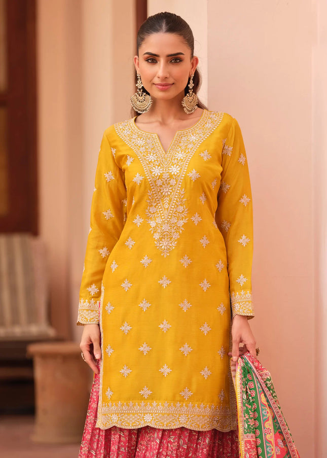 Yellow and Pink Embroidered Sharara Suit