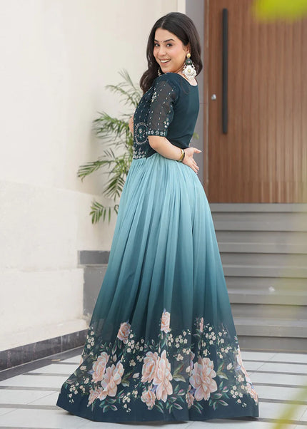 Sky Blue and Black Printed and Embroidered Anarkali Gown