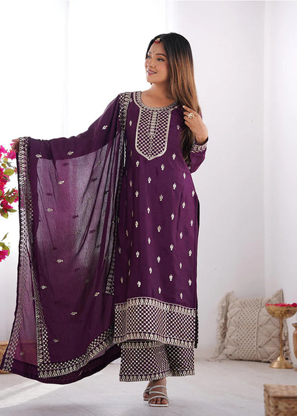 Purple Embroidered Pant Style Suit