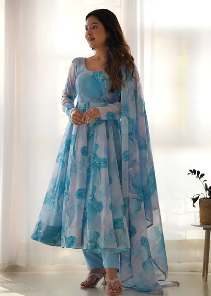 Sky Blue Floral Printed Anarkali Suit