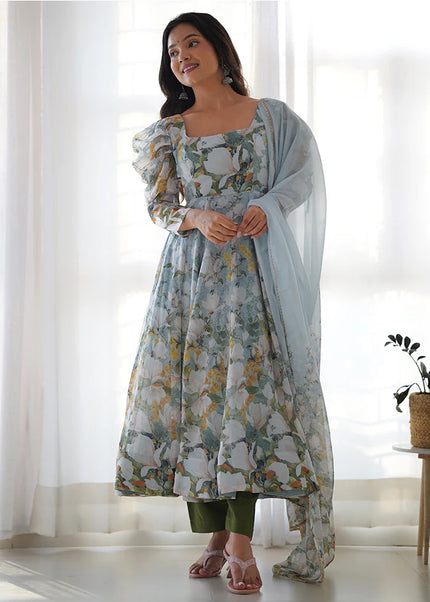 Green Floral Printed Anarkali Suit