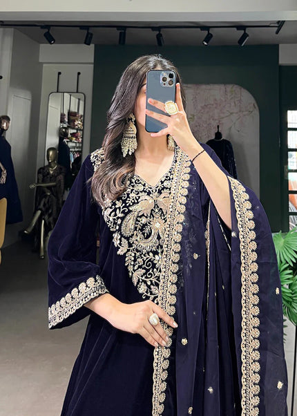 Navy Blue Embroidered Pant Style Suit