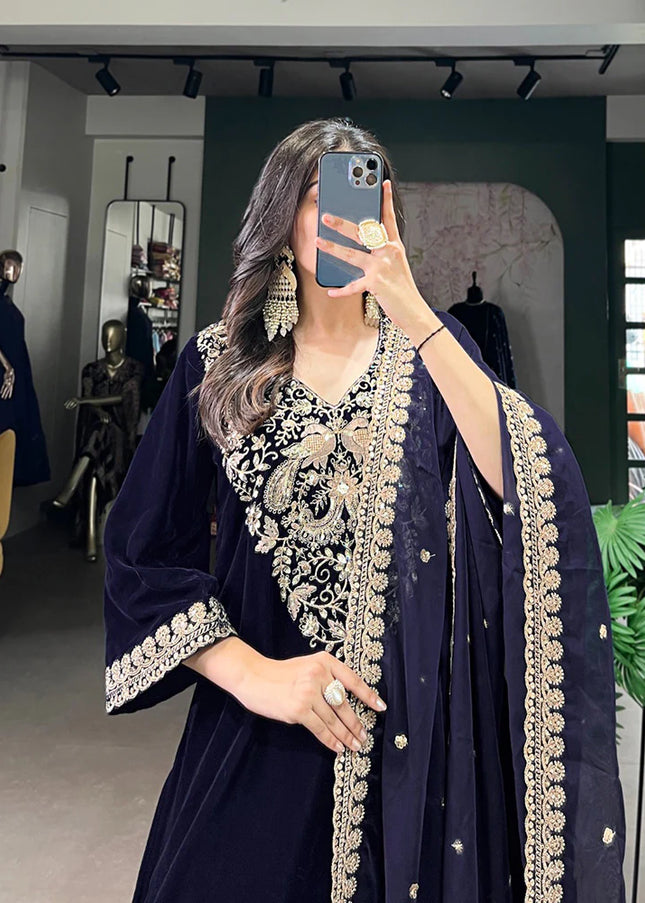 Navy Blue Embroidered Pant Style Suit