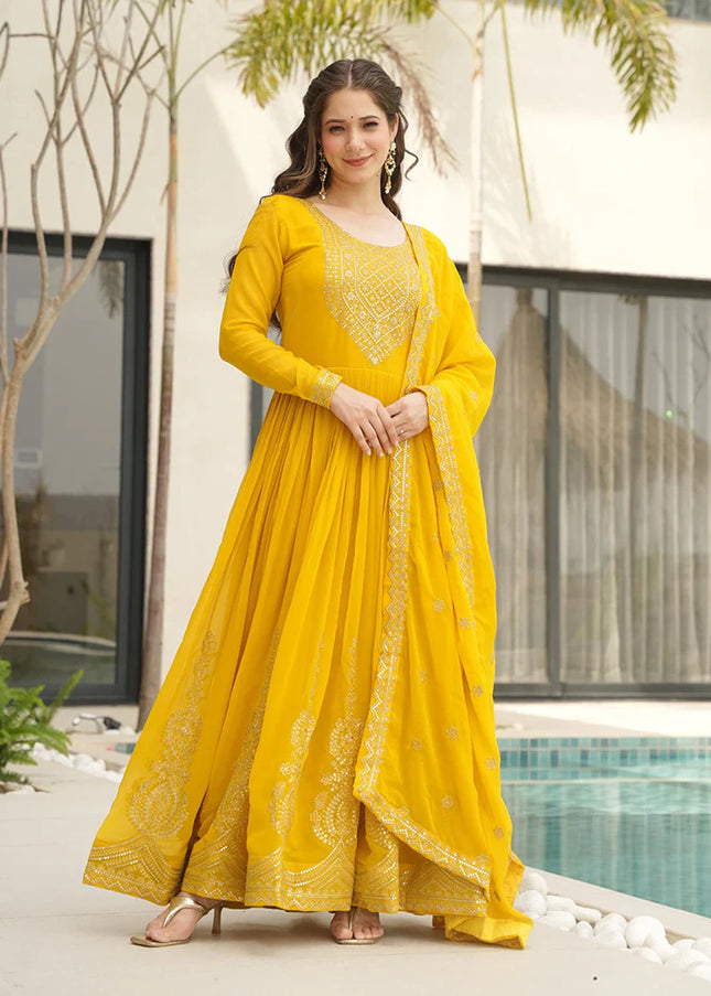 Yellow Embroidered Anarkali Gown