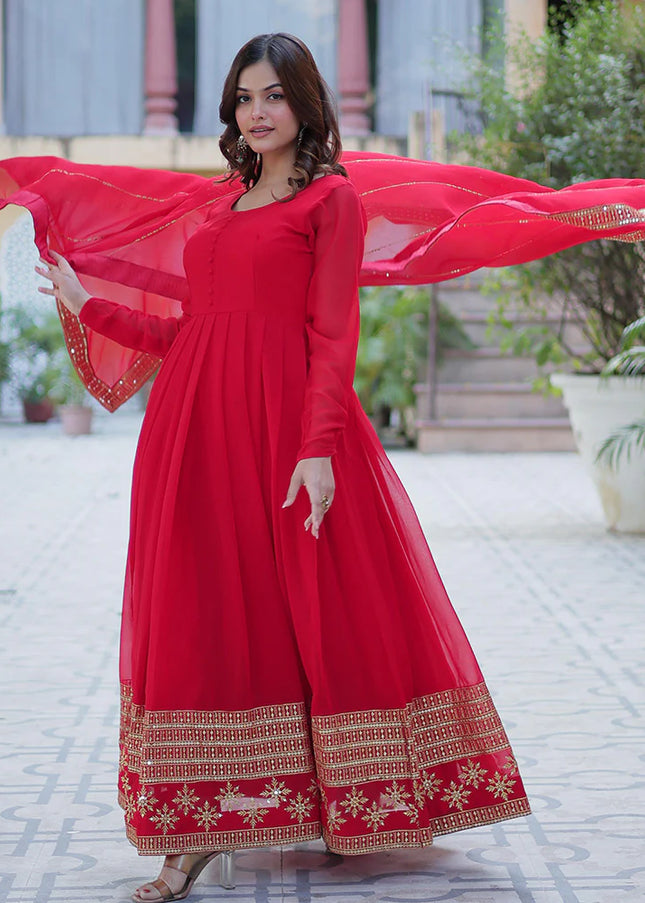 Light Red and Gold Embroidered Anarkali Gown