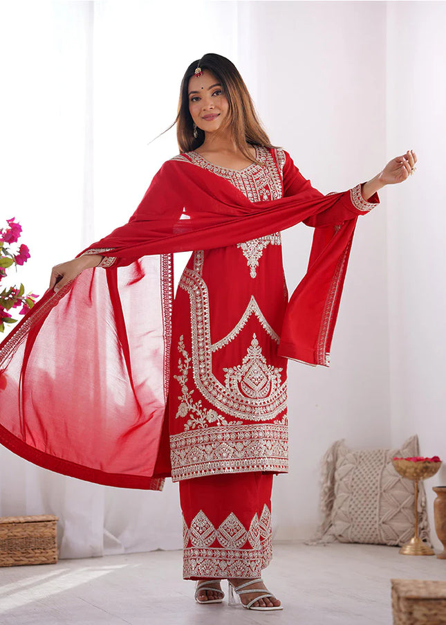 Red Embroidered Pant Style Suit