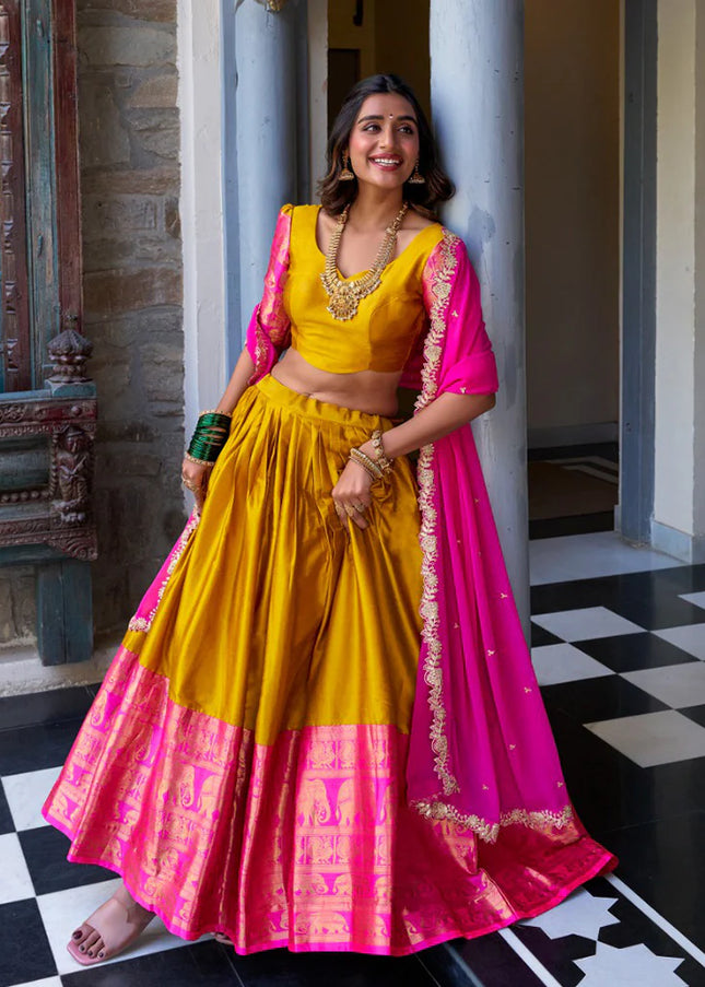 Yellow and Pink Embroidered Lehenga Choli