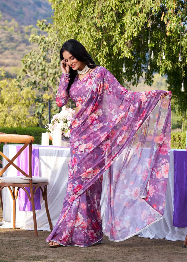Lavender Floral Printed and Embroidered Saree