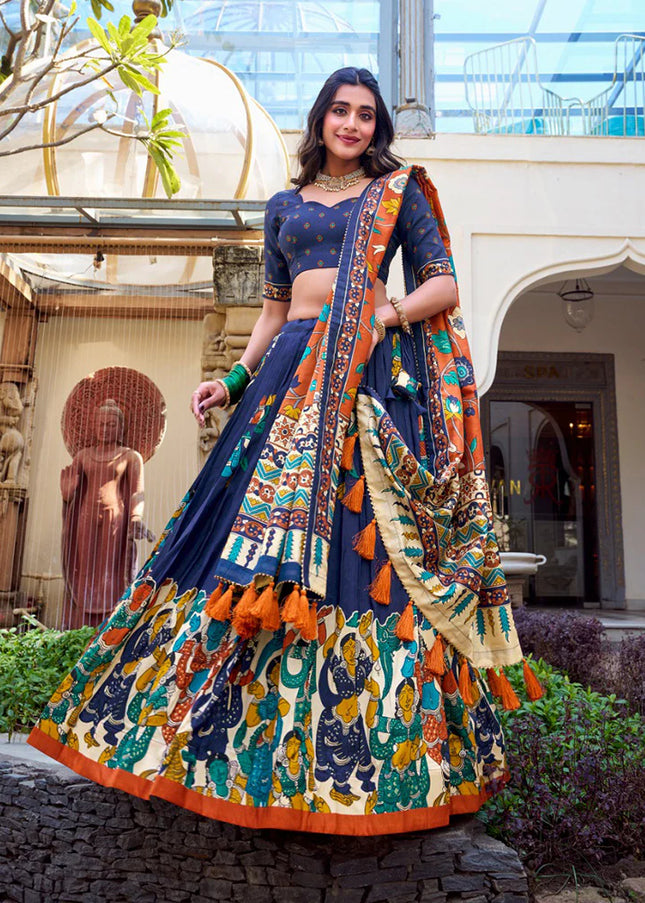 Navy Blue Printed and Embroidered Lehenga Choli