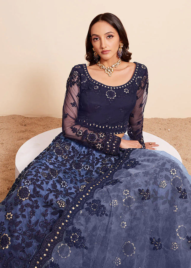 Shaded Blue Heavy Embroidered Lehenga Choli