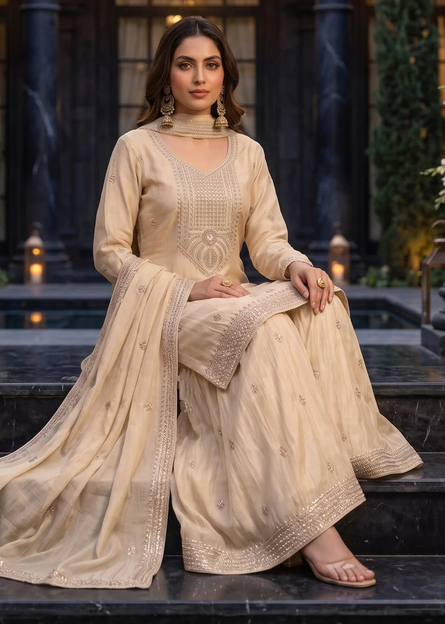 Beige Embroidered Sharara Suit