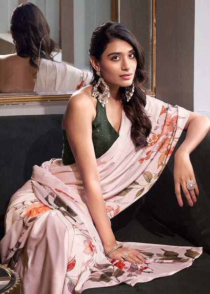 Offwhite and Black Floral Printed and Embroidered Saree