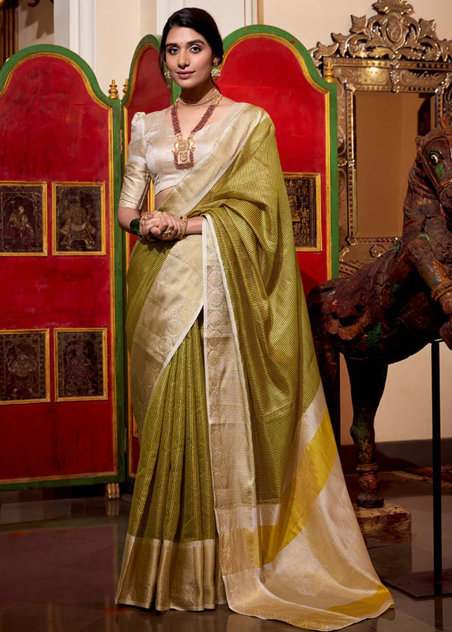 Green and Offwhite Embroidered  Saree