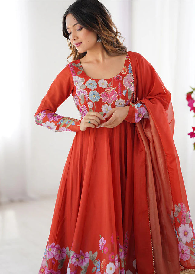 Orange Floral Printed Anarkali Suit