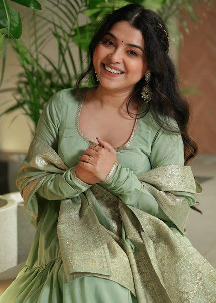Sea Green Chanderi Silk Layered Anarkali Suit