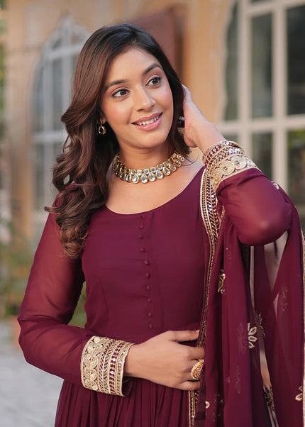 Maroon Embroidered Anarkali Gown
