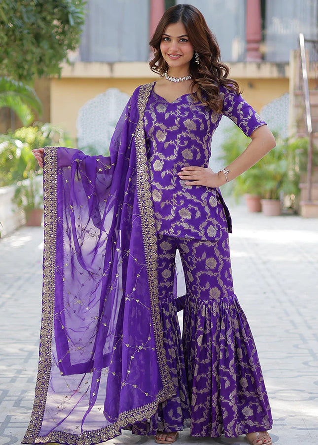 Violet Embroidered Gharara Suit