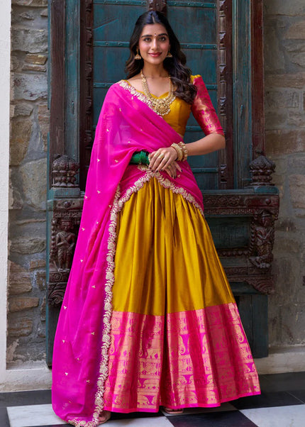Yellow and Pink Embroidered Lehenga Choli
