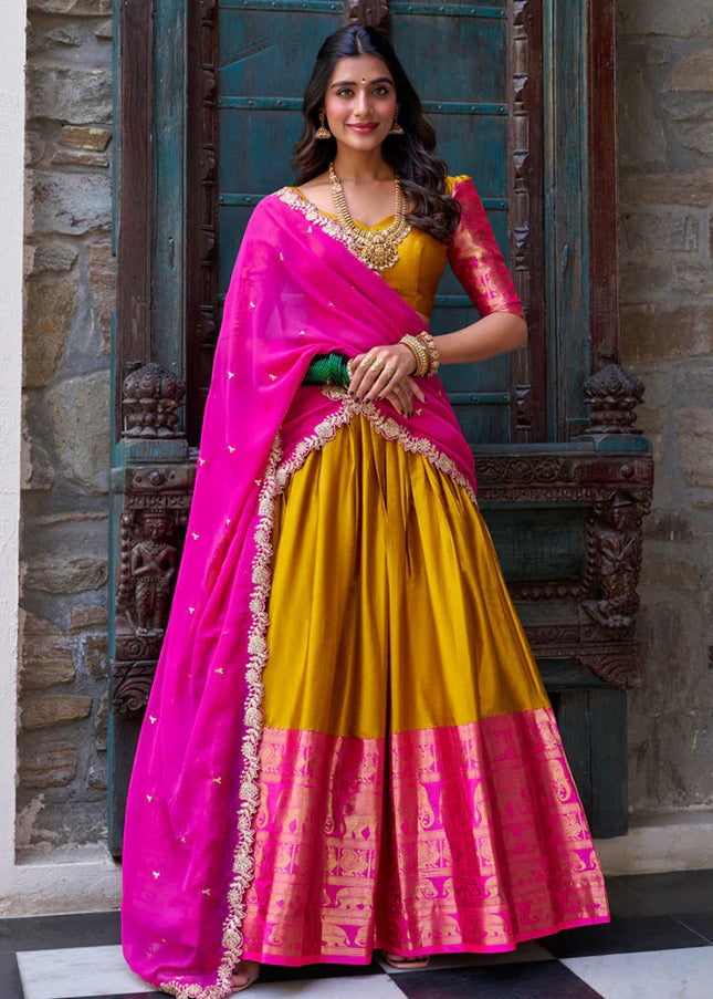 Yellow and Pink Embroidered Lehenga Choli