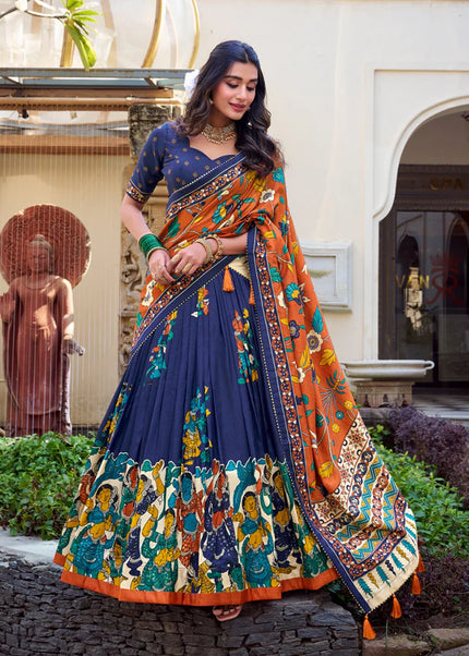 Navy Blue Printed and Embroidered Lehenga Choli