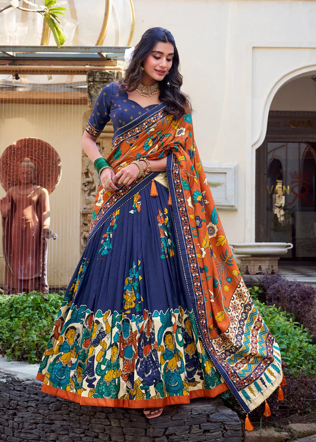 Navy Blue Printed and Embroidered Lehenga Choli