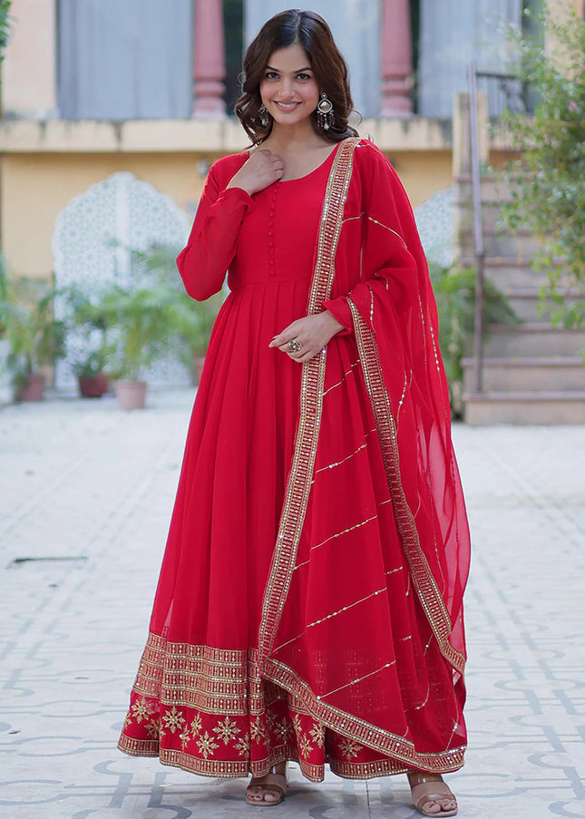 Light Red and Gold Embroidered Anarkali Gown