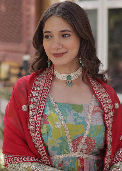 Green Multicolor Printed and Embroidered Anarkali Gown